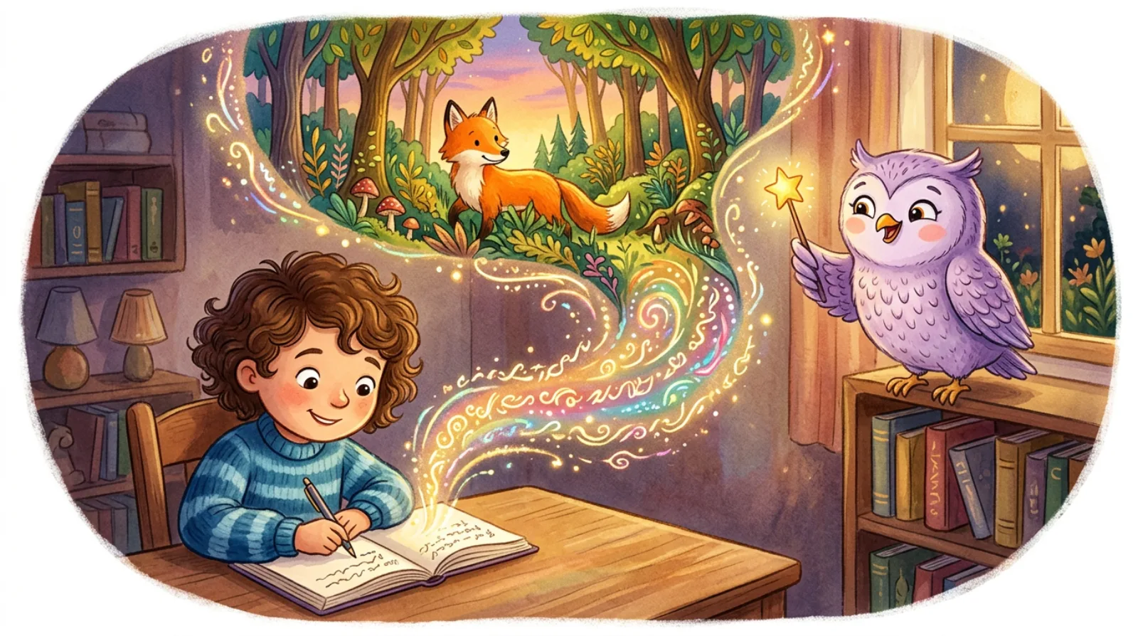 A child writing in a notebook while Wanda the owl waves a star wand and the story comes alive as a forest with a fox