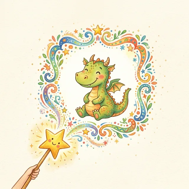 A star wand painting a little green dragon inside a swirl of colour