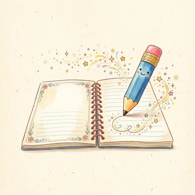 A smiling pencil writing in an open notebook