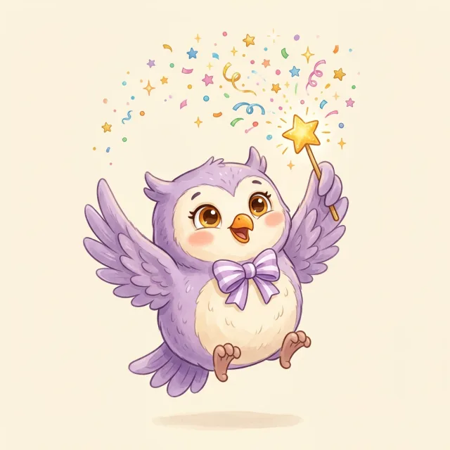 Wanda the owl cheering with confetti and a star wand
