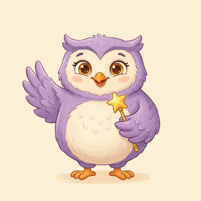 Wanda the owl waving hello with a golden star wand